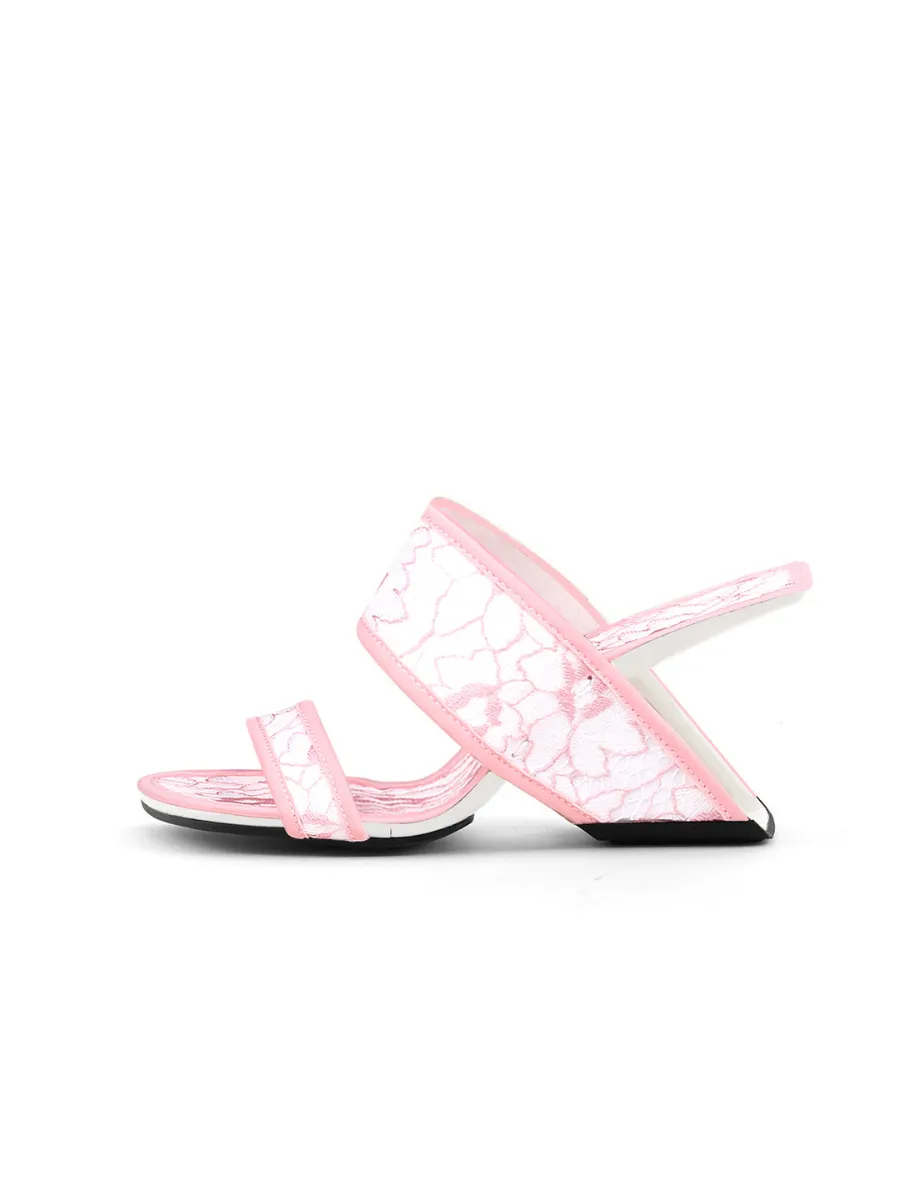 Camellia Lace Upper Leather Heeled Sandal - Pink
