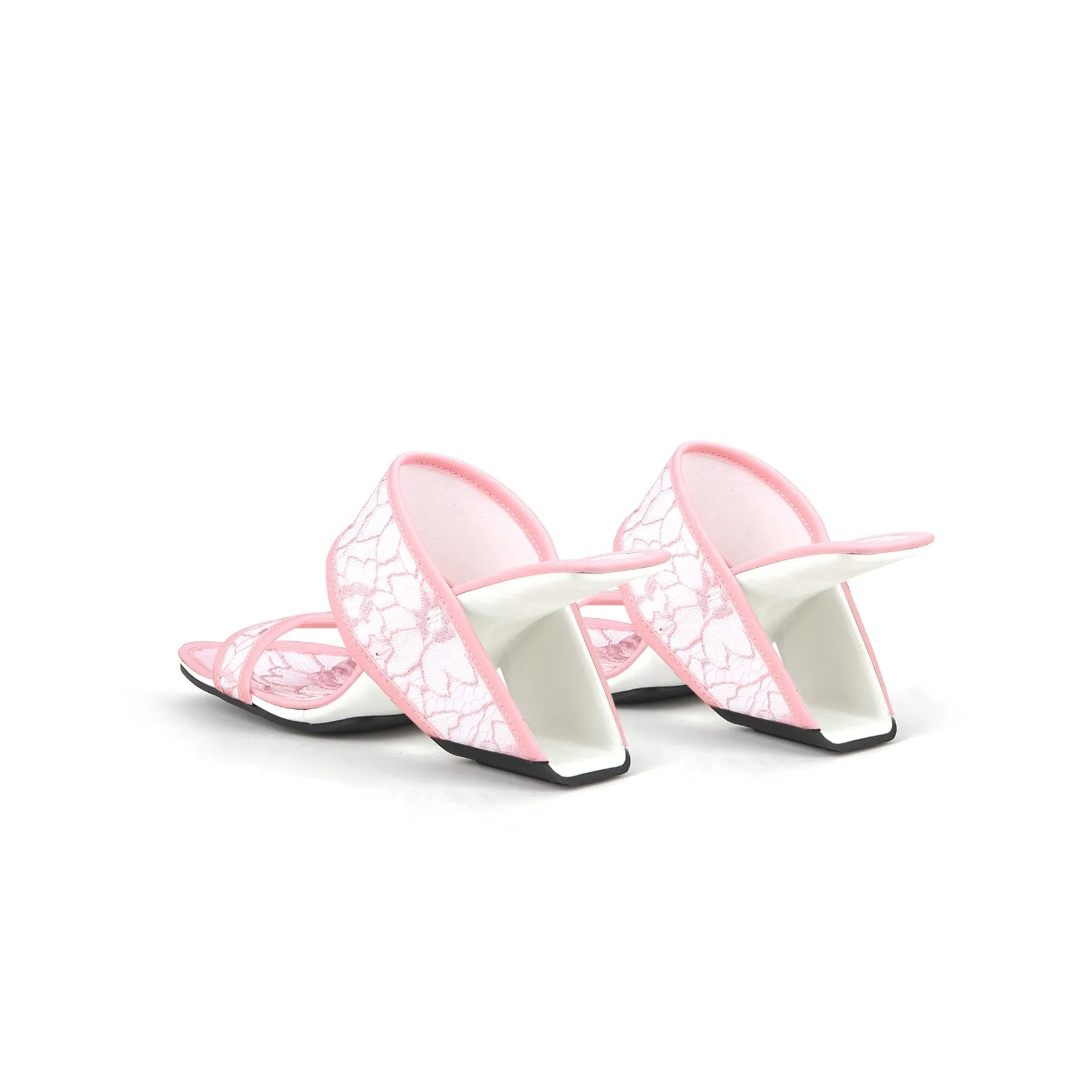 Camellia Lace Upper Leather Heeled Sandal - Pink