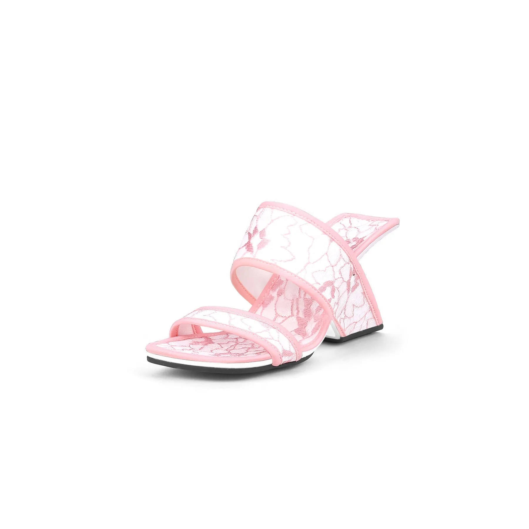 Camellia Lace Upper Leather Heeled Sandal - Pink