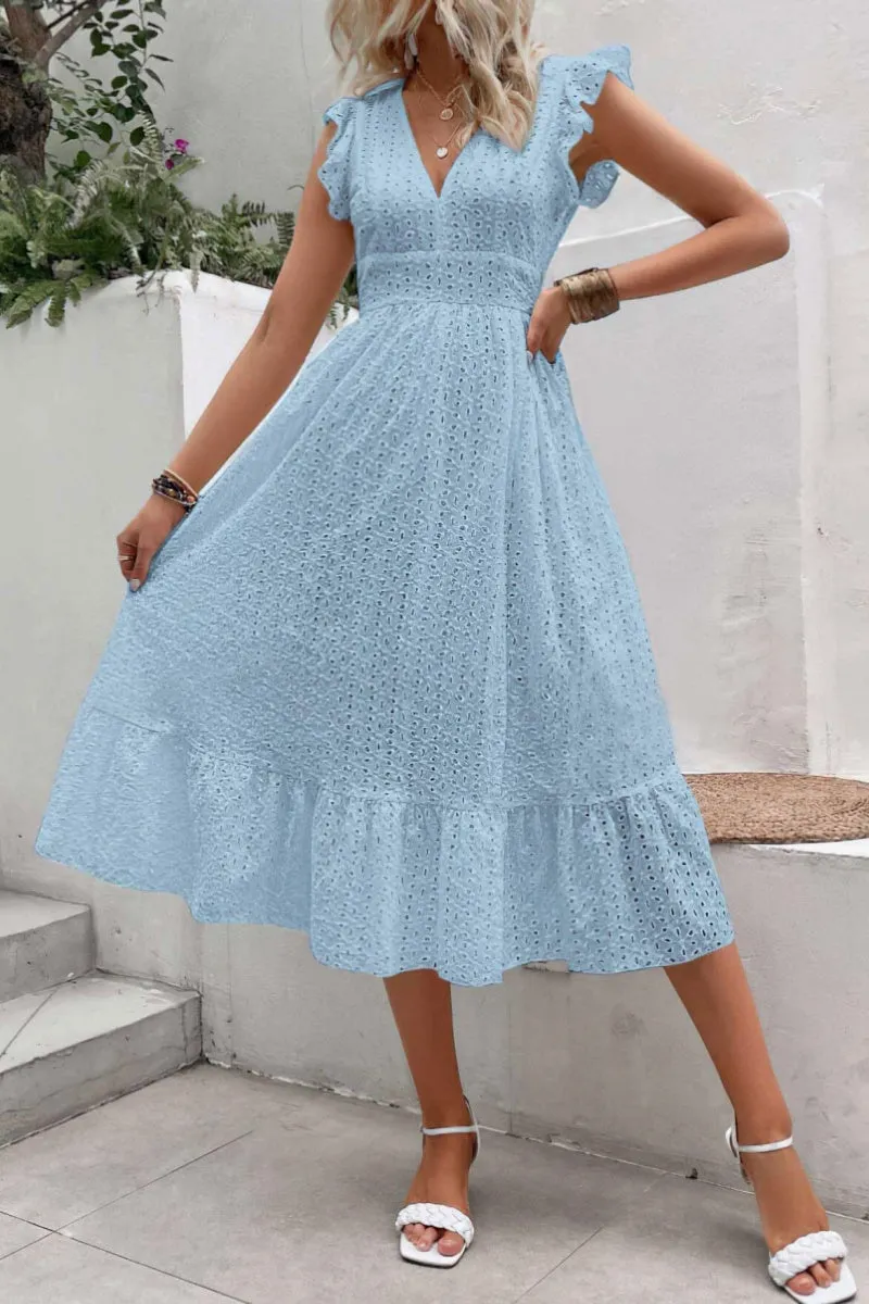 Chouyatou Women's Summer Flutter Sleeve Embroidery Eyelet Lace Dress V-Neck A-Line Beach Sun Dress