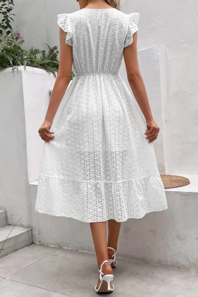 Chouyatou Women's Summer Flutter Sleeve Embroidery Eyelet Lace Dress V-Neck A-Line Beach Sun Dress
