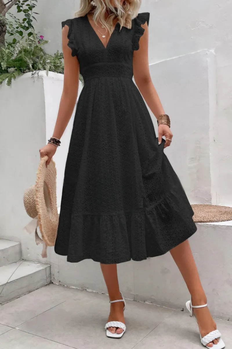 Chouyatou Women's Summer Flutter Sleeve Embroidery Eyelet Lace Dress V-Neck A-Line Beach Sun Dress