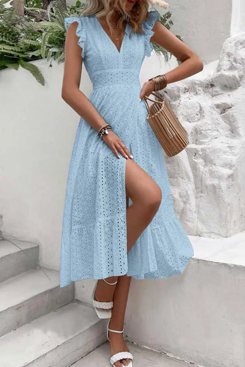 Chouyatou Women's Summer Flutter Sleeve Embroidery Eyelet Lace Dress V-Neck A-Line Beach Sun Dress