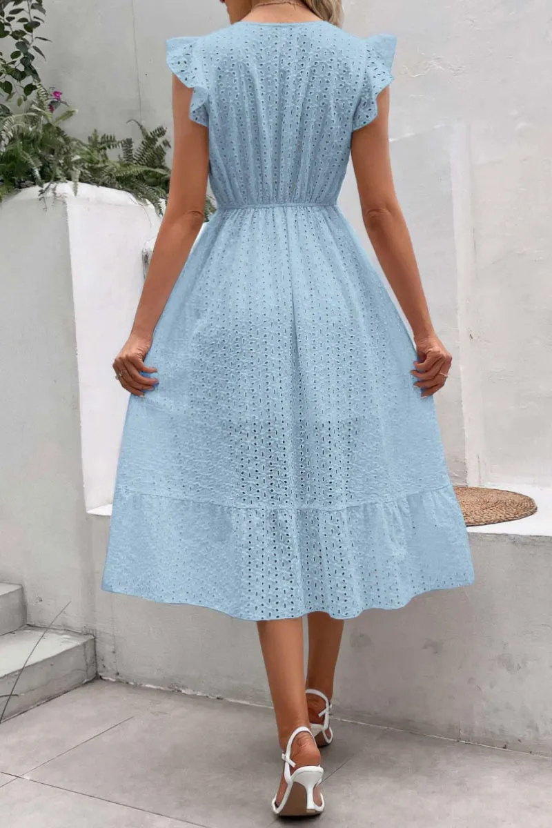 Chouyatou Women's Summer Flutter Sleeve Embroidery Eyelet Lace Dress V-Neck A-Line Beach Sun Dress
