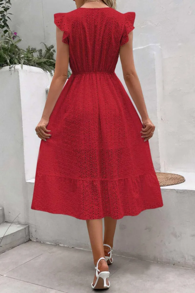 Chouyatou Women's Summer Flutter Sleeve Embroidery Eyelet Lace Dress V-Neck A-Line Beach Sun Dress