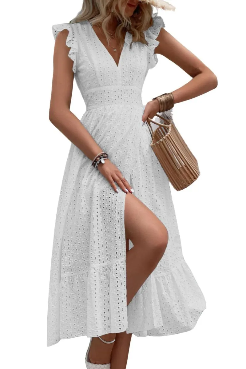 Chouyatou Women's Summer Flutter Sleeve Embroidery Eyelet Lace Dress V-Neck A-Line Beach Sun Dress