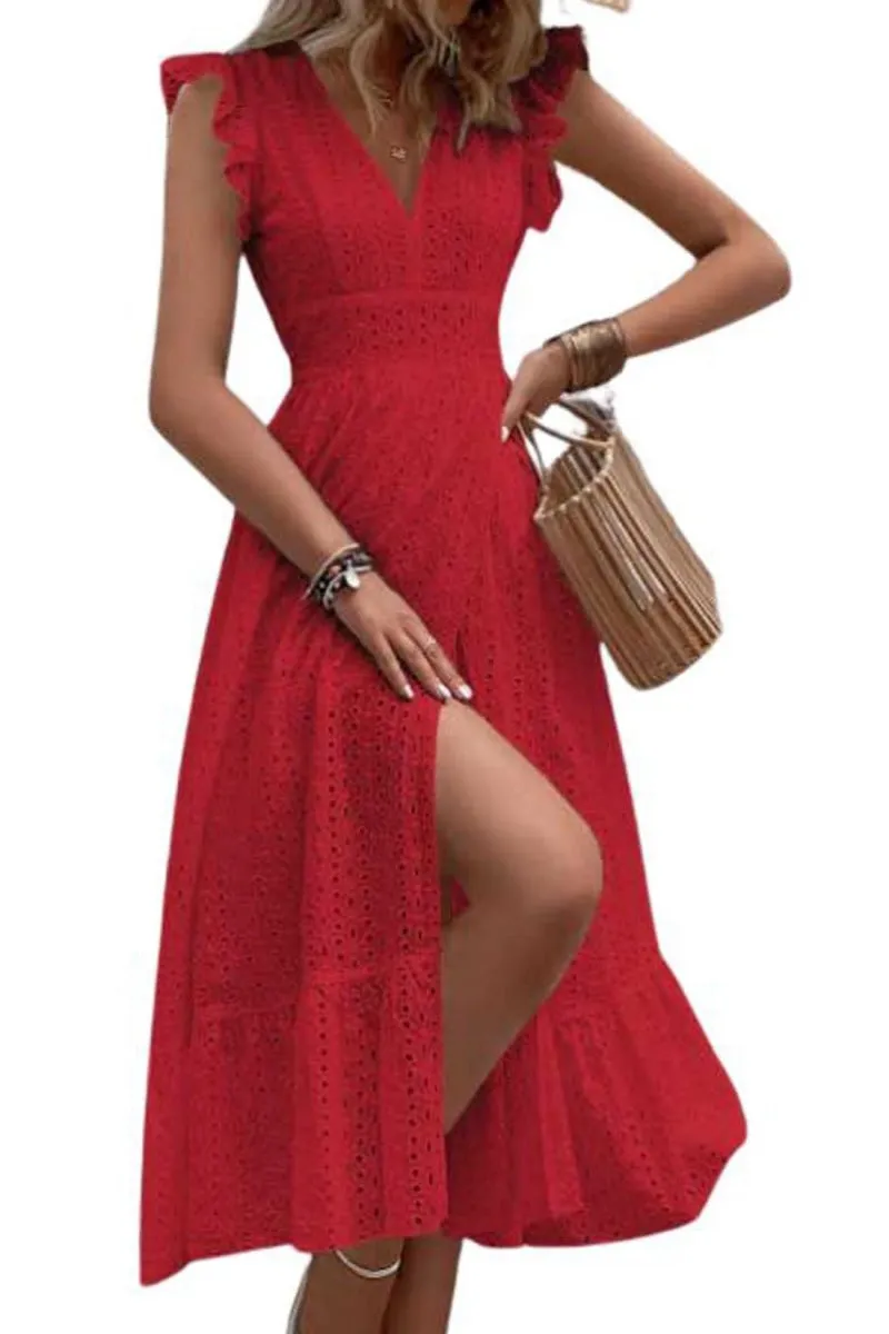 Chouyatou Women's Summer Flutter Sleeve Embroidery Eyelet Lace Dress V-Neck A-Line Beach Sun Dress