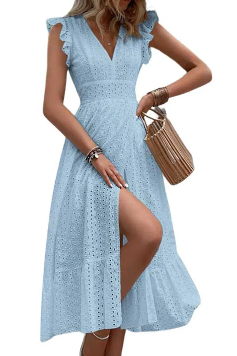 Chouyatou Women's Summer Flutter Sleeve Embroidery Eyelet Lace Dress V-Neck A-Line Beach Sun Dress