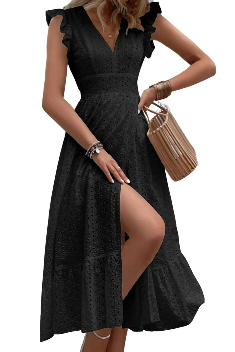 Chouyatou Women's Summer Flutter Sleeve Embroidery Eyelet Lace Dress V-Neck A-Line Beach Sun Dress