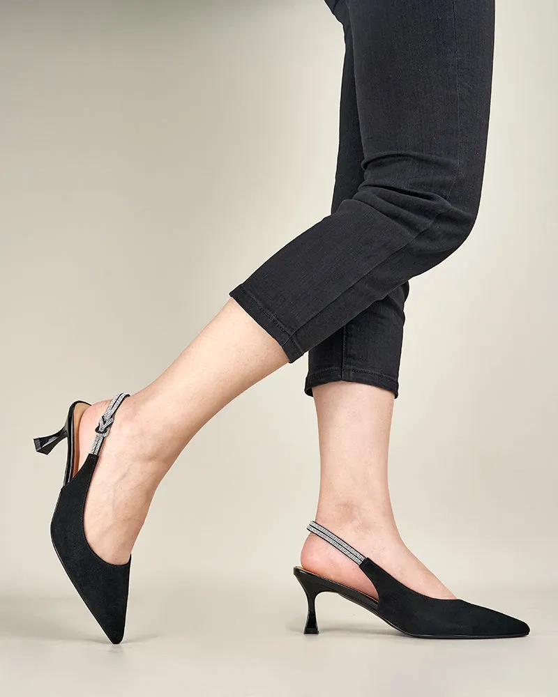 (Clean Up -US 11) Suede Rhinestone Decor Kitten Heeled Sandals
