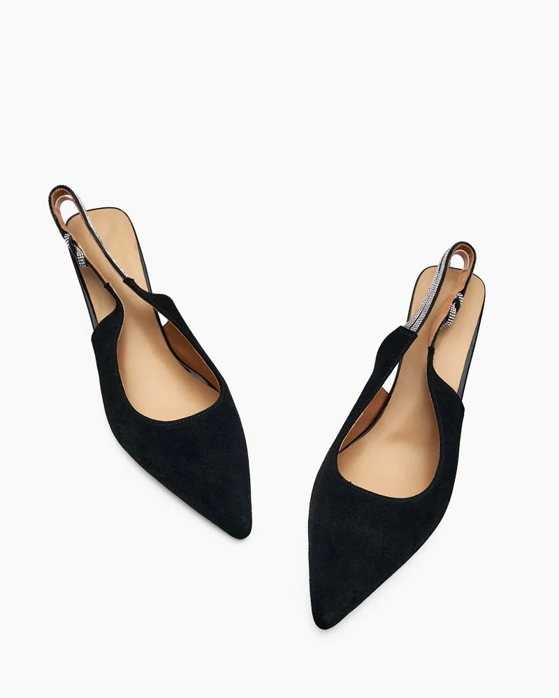 (Clean Up -US 11) Suede Rhinestone Decor Kitten Heeled Sandals