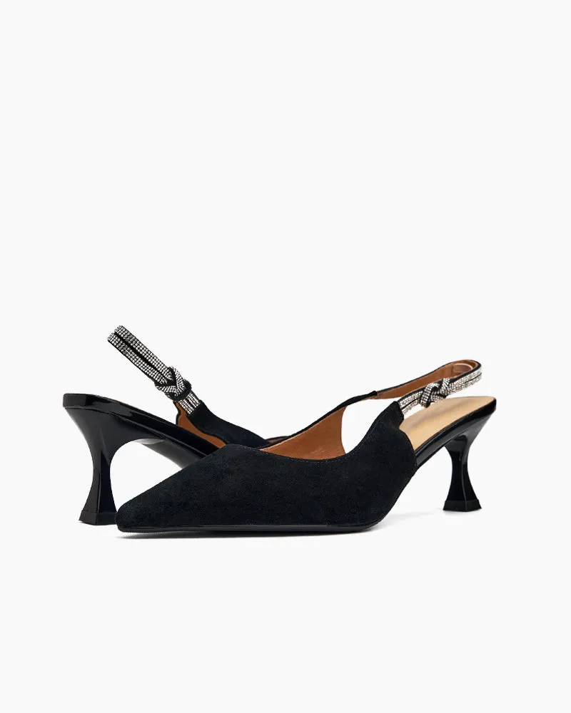 (Clean Up -US 11) Suede Rhinestone Decor Kitten Heeled Sandals