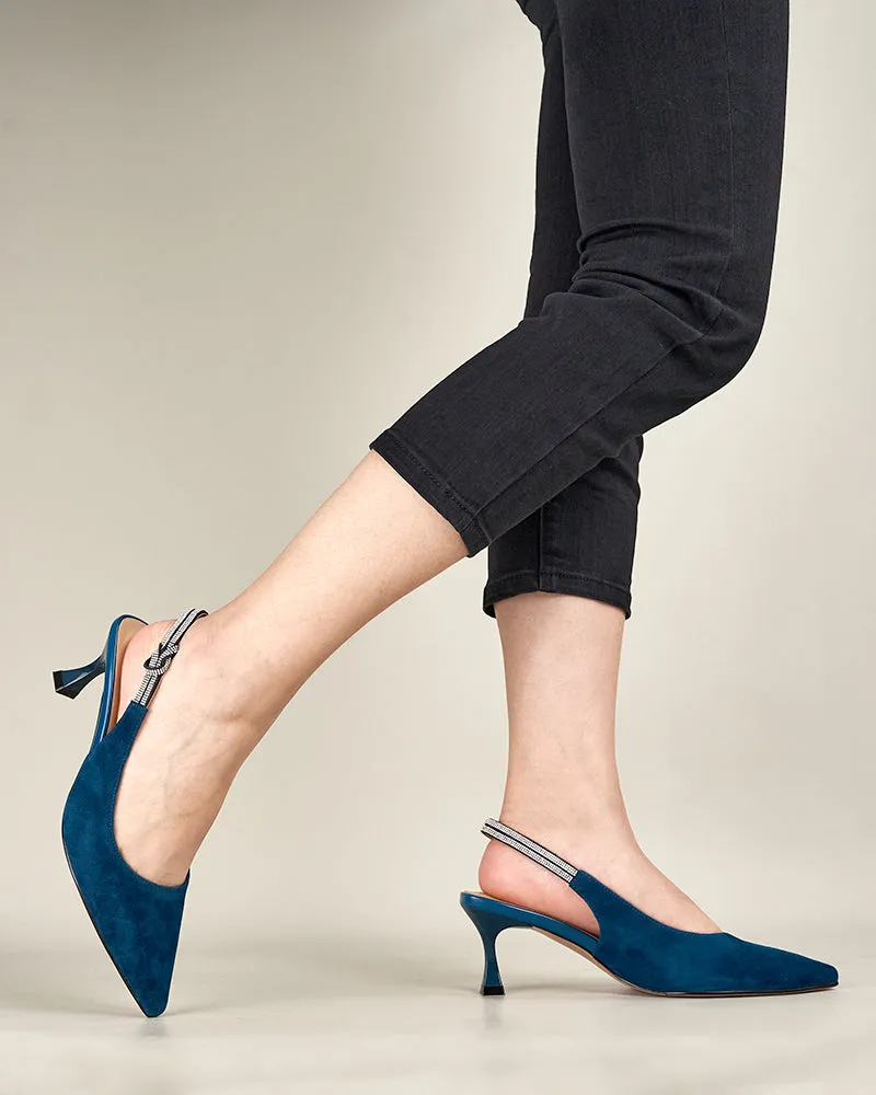 (Clean Up -US 11) Suede Rhinestone Decor Kitten Heeled Sandals