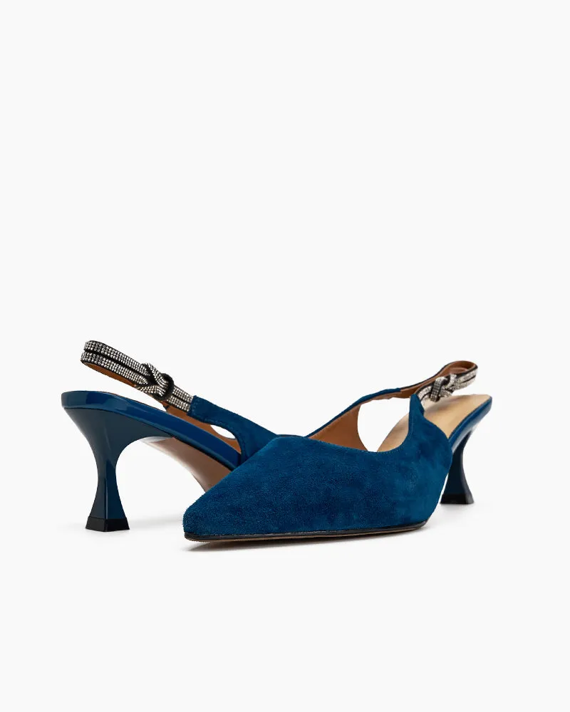 (Clean Up -US 11) Suede Rhinestone Decor Kitten Heeled Sandals