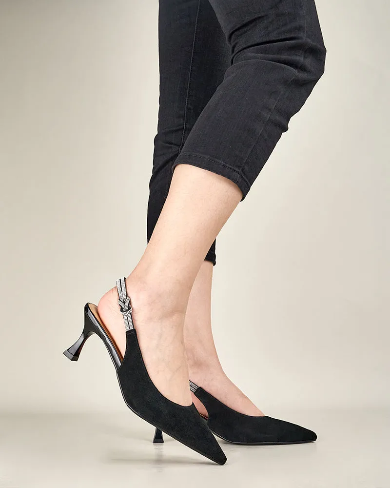 (Clean Up -US 11) Suede Rhinestone Decor Kitten Heeled Sandals