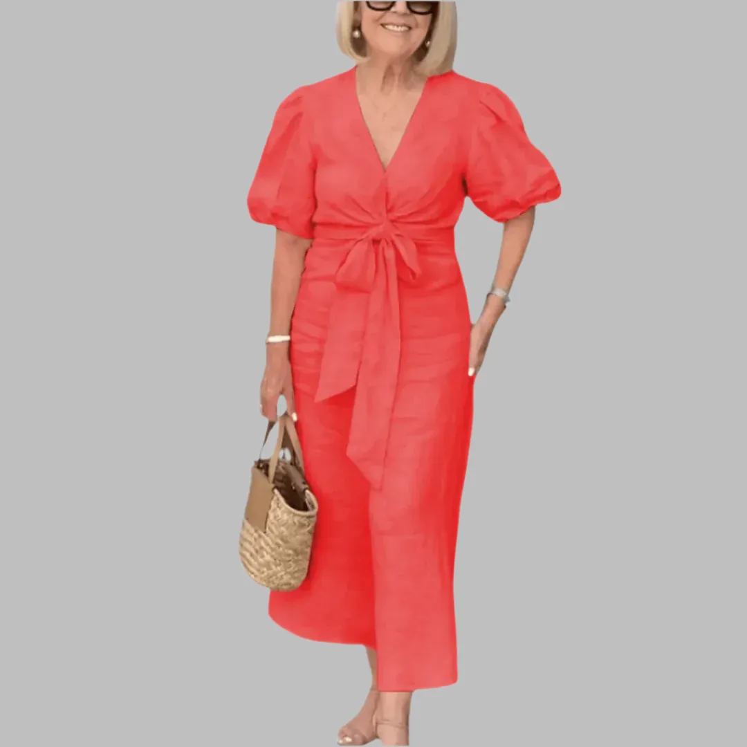 Cotton Midi Dress – Puff Sleeves – Waist Tie Detail