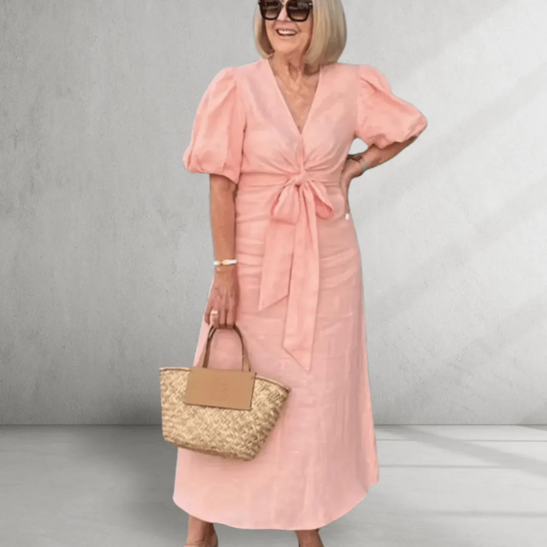 Cotton Midi Dress – Puff Sleeves – Waist Tie Detail