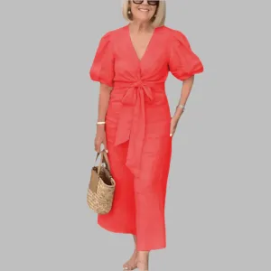 Cotton Midi Dress – Puff Sleeves – Waist Tie Detail