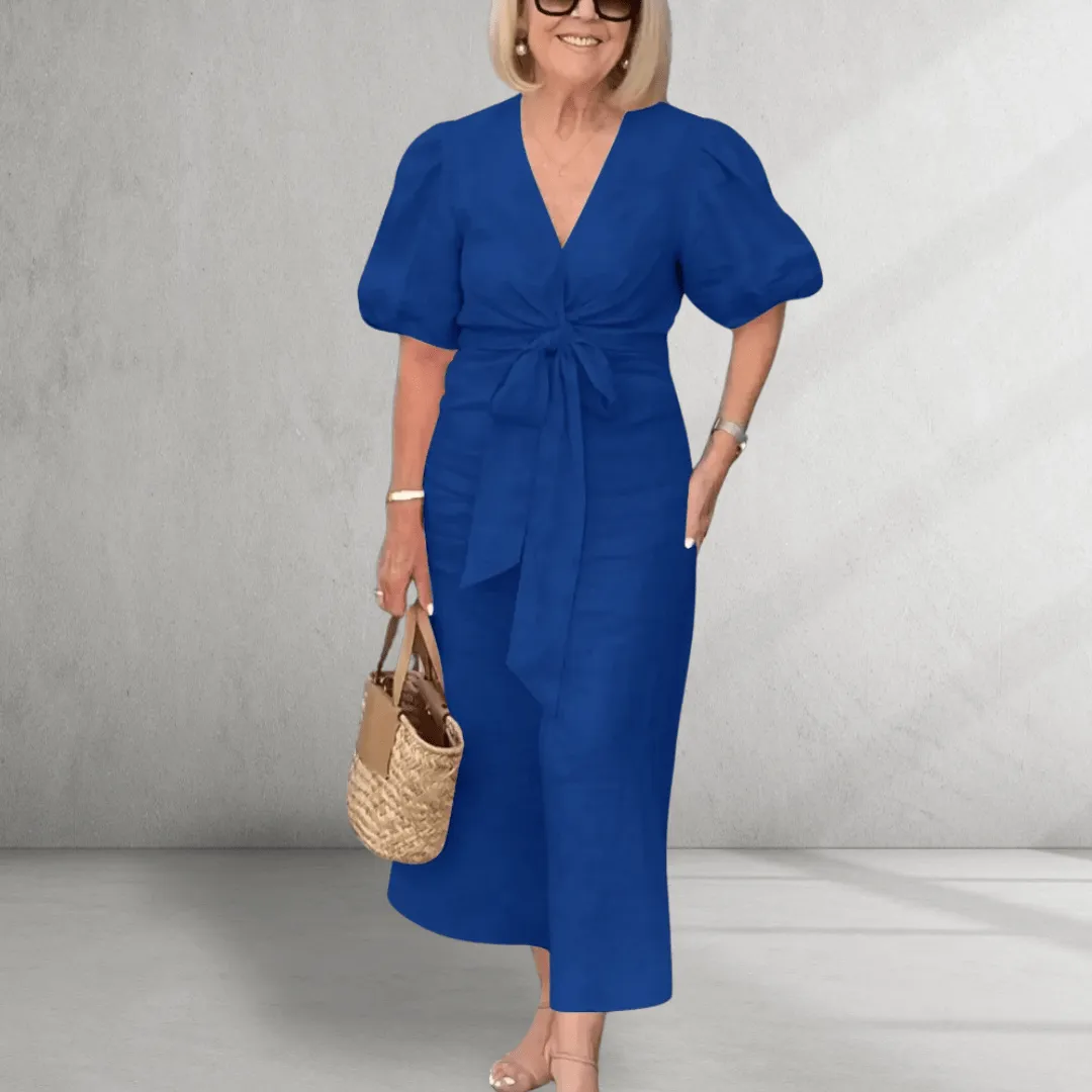 Cotton Midi Dress – Puff Sleeves – Waist Tie Detail
