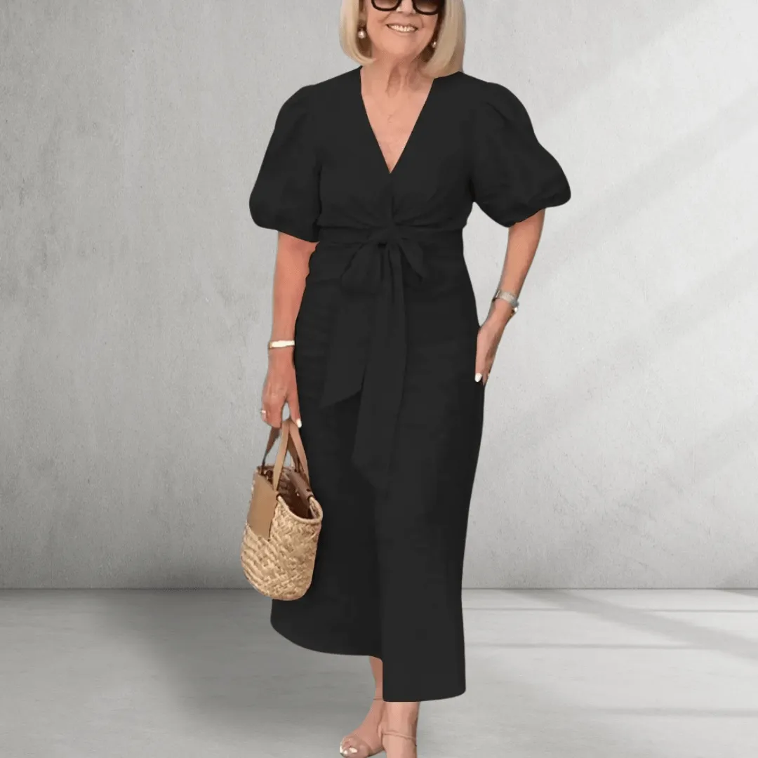 Cotton Midi Dress – Puff Sleeves – Waist Tie Detail