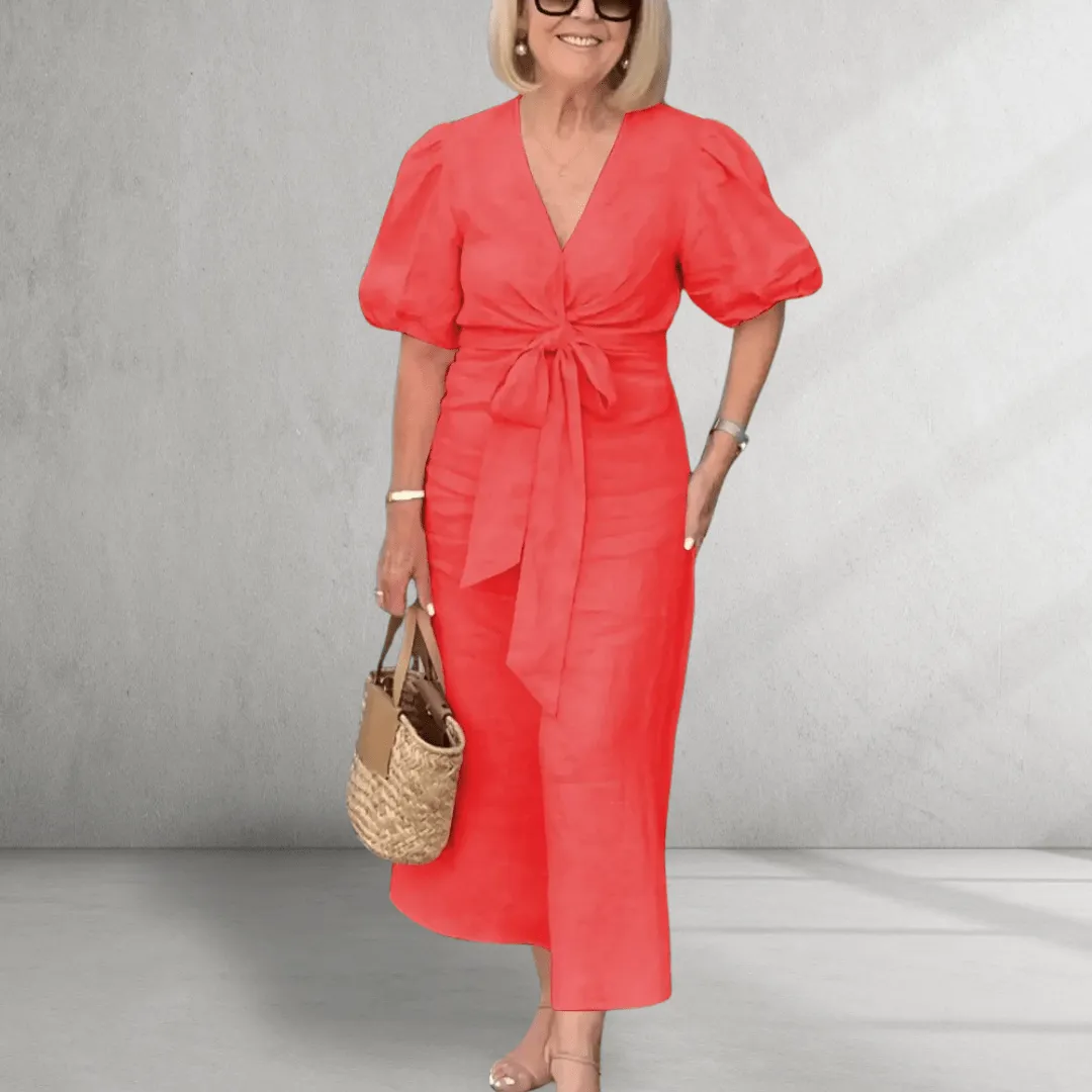 Cotton Midi Dress – Puff Sleeves – Waist Tie Detail