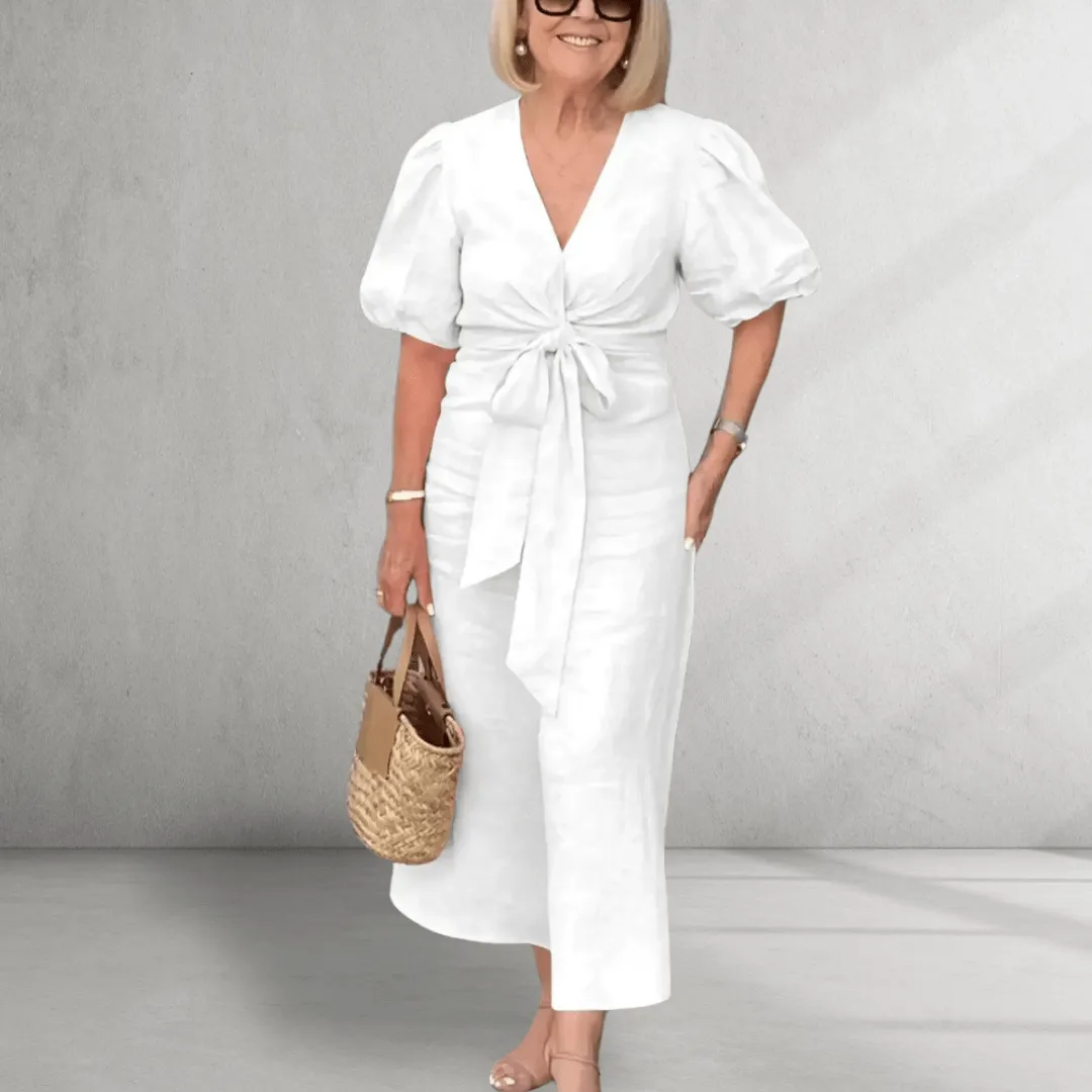 Cotton Midi Dress – Puff Sleeves – Waist Tie Detail