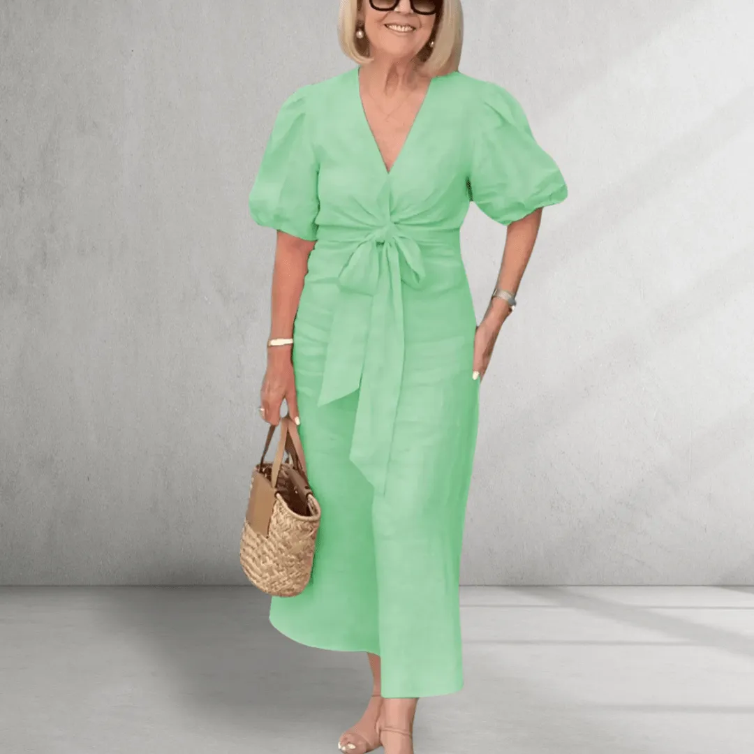 Cotton Midi Dress – Puff Sleeves – Waist Tie Detail