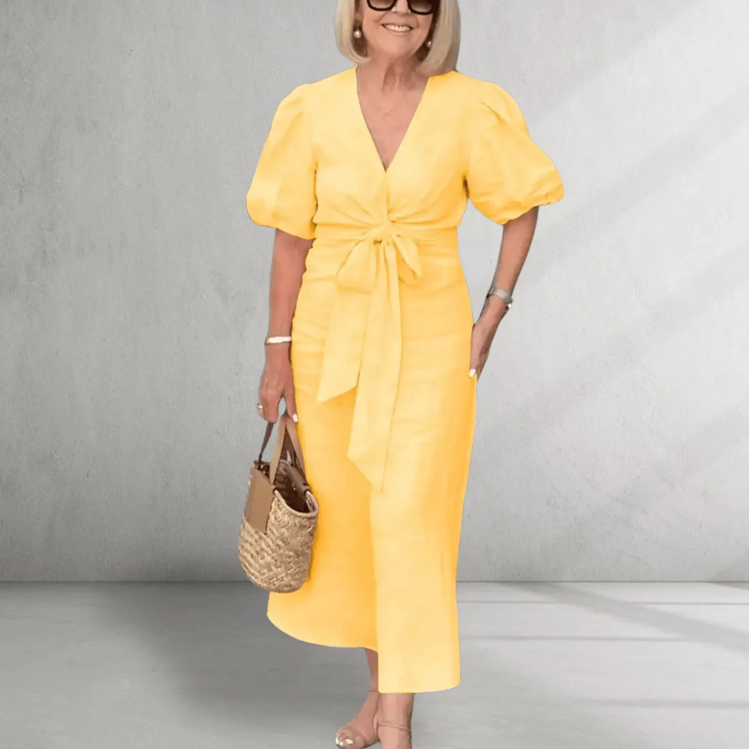 Cotton Midi Dress – Puff Sleeves – Waist Tie Detail