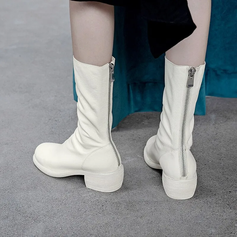 Cow Leather Boots Women Mid-Calf Boot Zip Square Toe Shoes