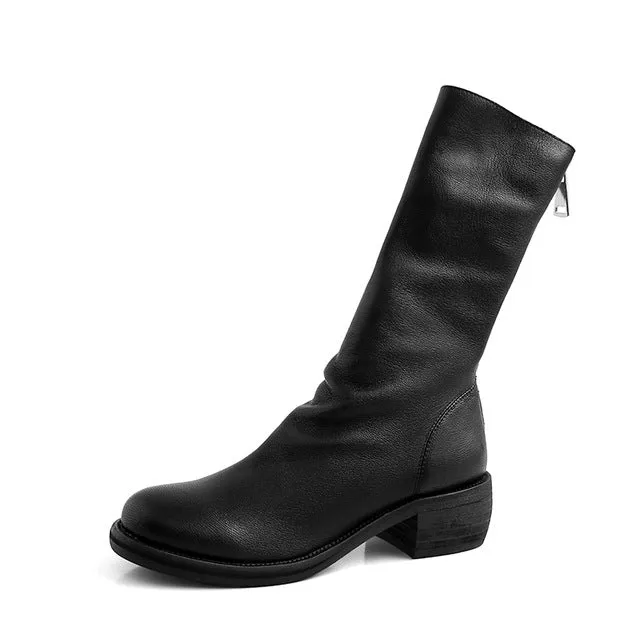 Cow Leather Boots Women Mid-Calf Boot Zip Square Toe Shoes