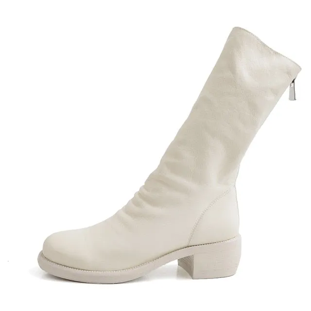 Cow Leather Boots Women Mid-Calf Boot Zip Square Toe Shoes