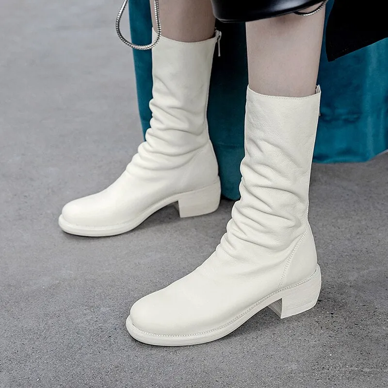 Cow Leather Boots Women Mid-Calf Boot Zip Square Toe Shoes