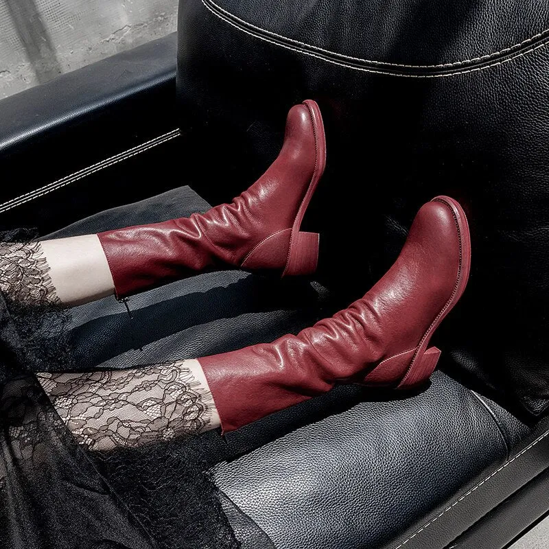 Cow Leather Boots Women Mid-Calf Boot Zip Square Toe Shoes