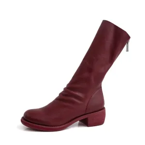 Cow Leather Boots Women Mid-Calf Boot Zip Square Toe Shoes