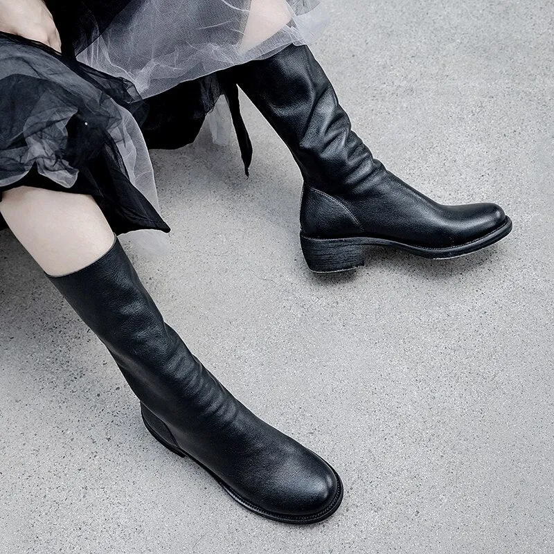Cow Leather Boots Women Mid-Calf Boot Zip Square Toe Shoes
