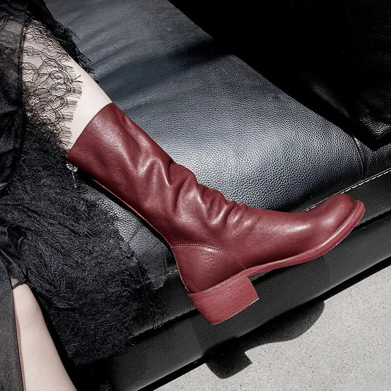 Cow Leather Boots Women Mid-Calf Boot Zip Square Toe Shoes