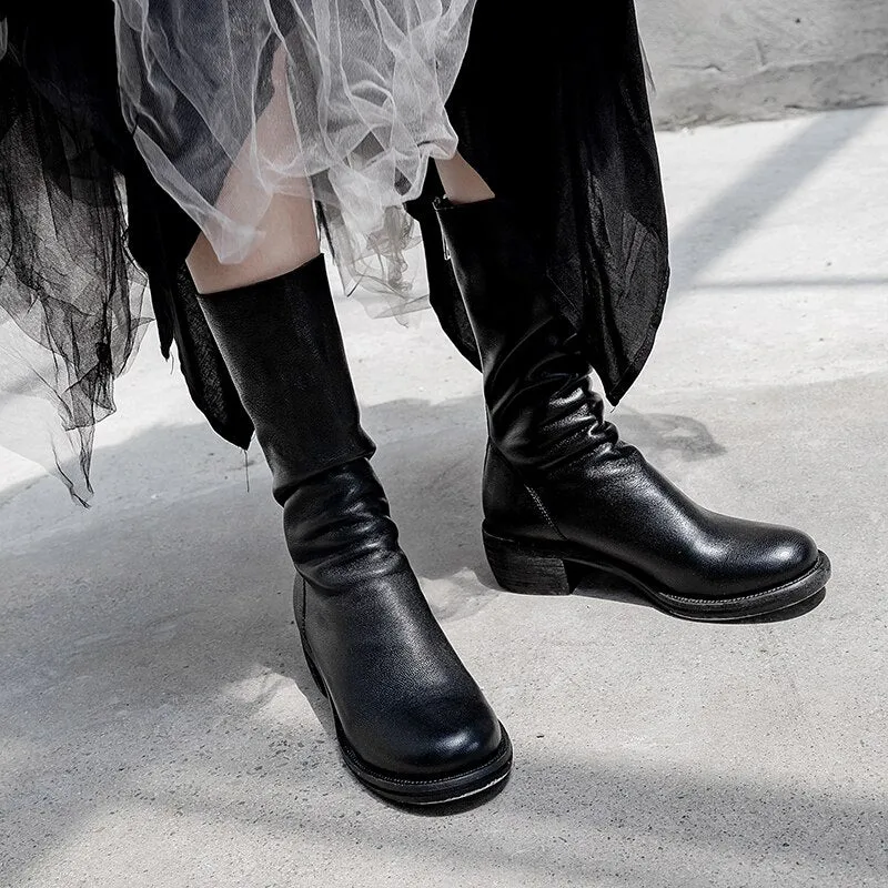 Cow Leather Boots Women Mid-Calf Boot Zip Square Toe Shoes
