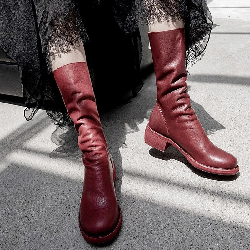 Cow Leather Boots Women Mid-Calf Boot Zip Square Toe Shoes
