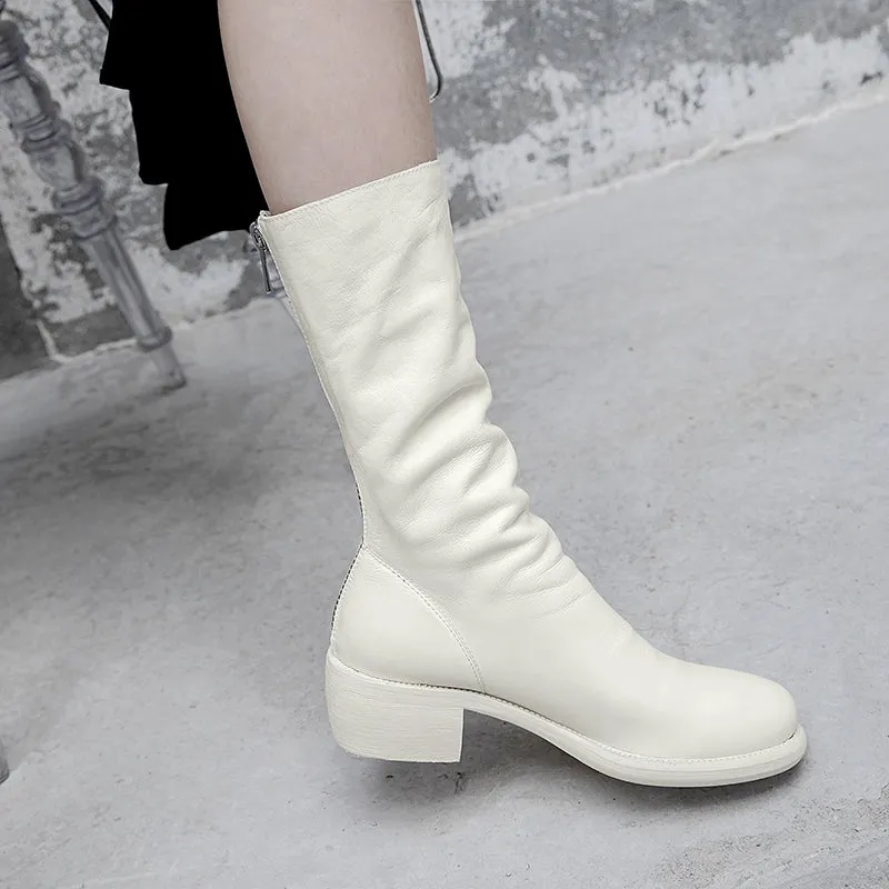Cow Leather Boots Women Mid-Calf Boot Zip Square Toe Shoes