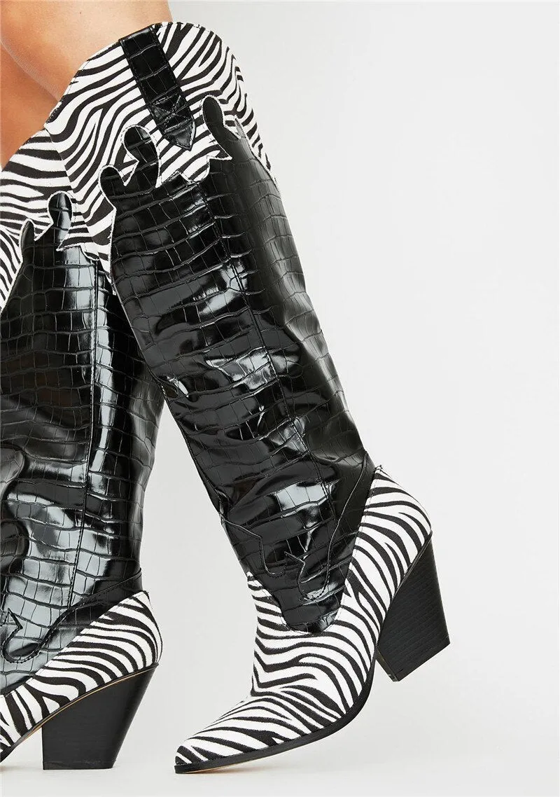 Crocodile Pattern Cowboy Boots Pointed Toe Shoes