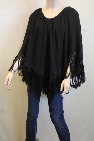 Elan | Poncho with Fringe Black
