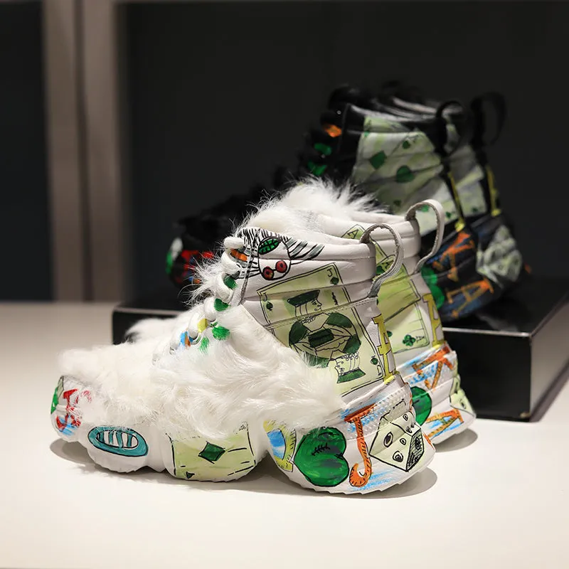 European leather maomao short boots new winter warm thick bottom graffiti curly high help female short boots