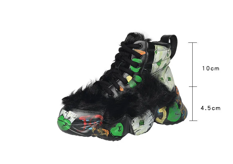 European leather maomao short boots new winter warm thick bottom graffiti curly high help female short boots