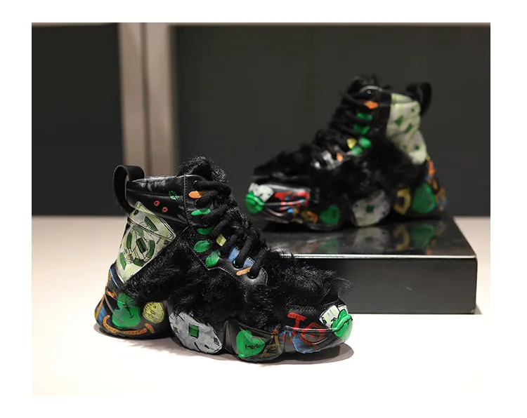 European leather maomao short boots new winter warm thick bottom graffiti curly high help female short boots