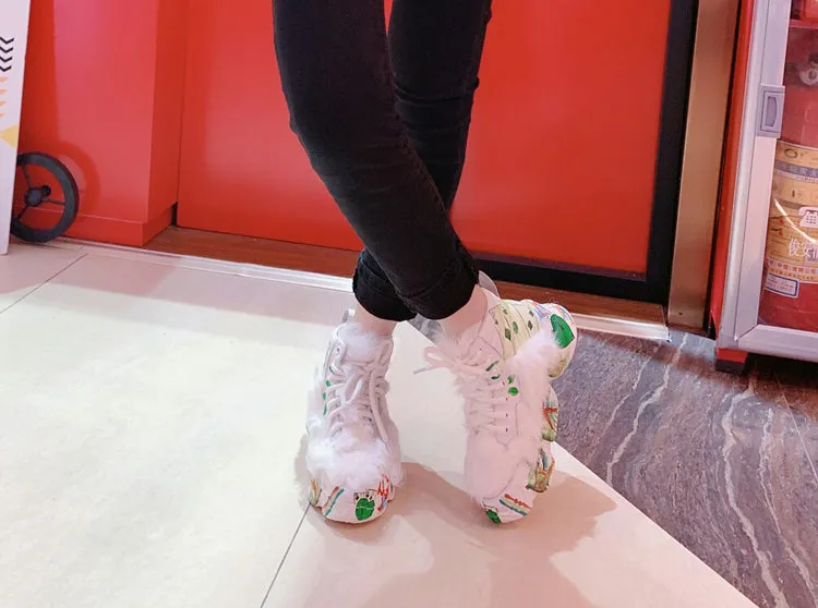 European leather maomao short boots new winter warm thick bottom graffiti curly high help female short boots