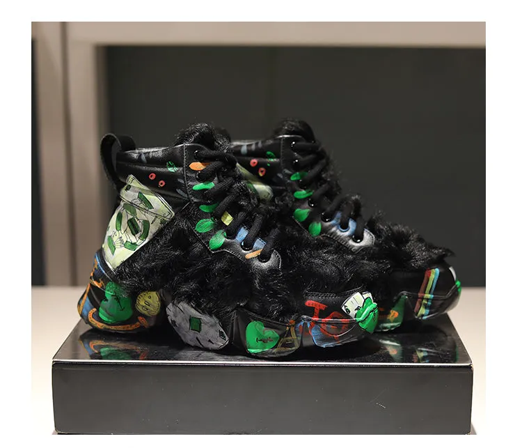 European leather maomao short boots new winter warm thick bottom graffiti curly high help female short boots