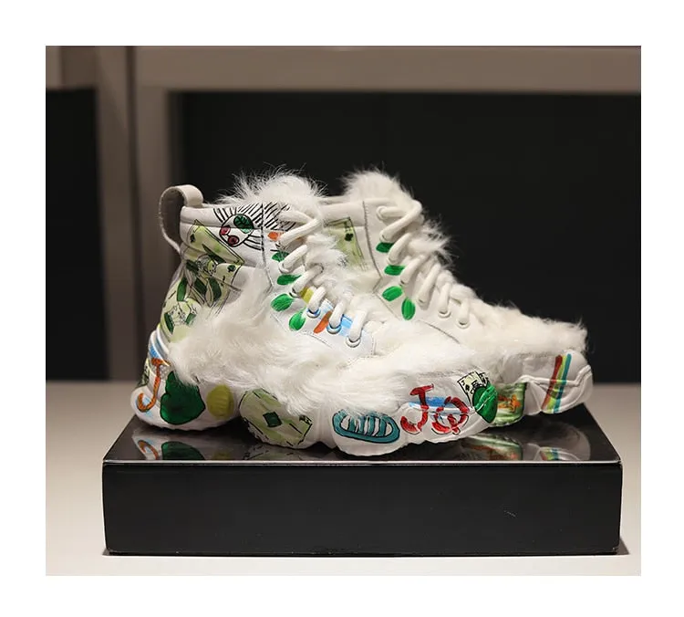 European leather maomao short boots new winter warm thick bottom graffiti curly high help female short boots