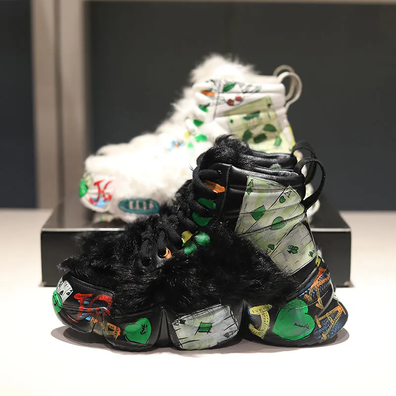 European leather maomao short boots new winter warm thick bottom graffiti curly high help female short boots