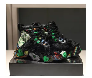 European leather maomao short boots new winter warm thick bottom graffiti curly high help female short boots