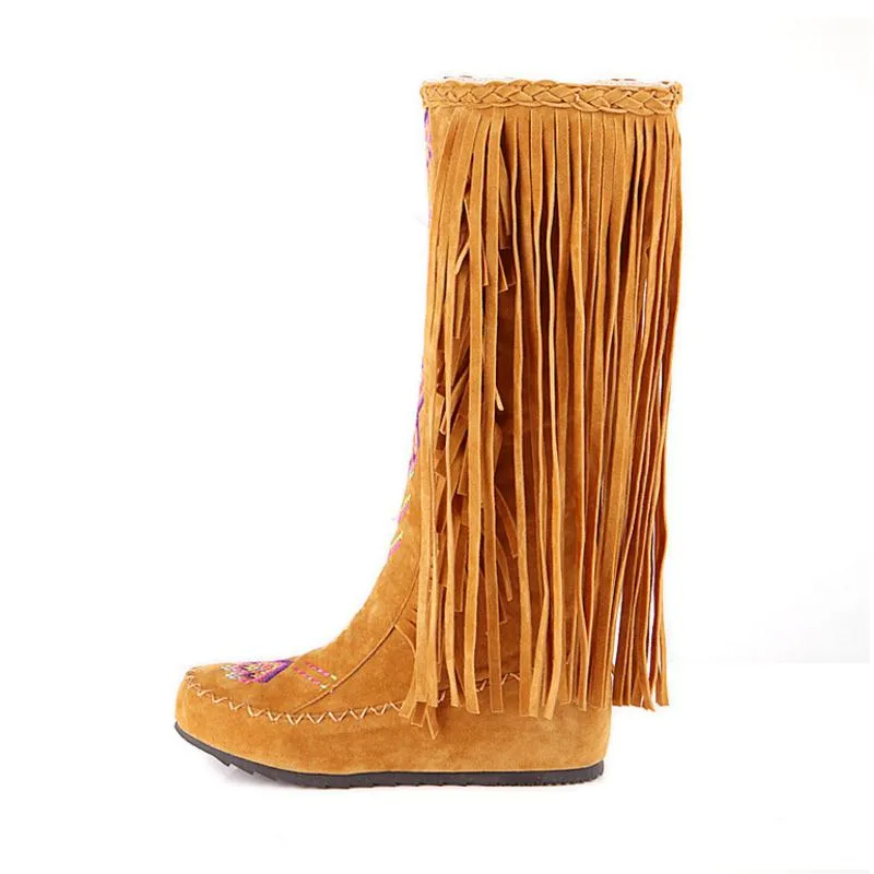 Fashion Flock Leather Women Flat  Long Boots